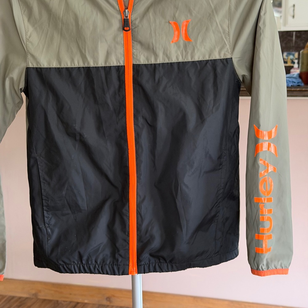 Hurley Boys Windbreaker Jacket Size M 10-12 Olive Black Orange Hooded Full Zip